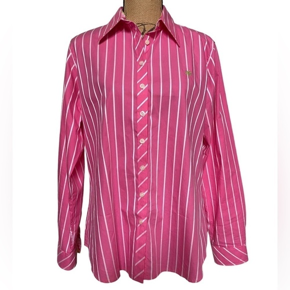 Lilly Pulitzer Women’s 14 Pink White Stripe Button Down Long Sleeve Cotton Shirt - Picture 1 of 10